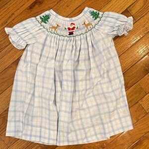 Blue Plaid Smocked Dress with Santa Embroidery